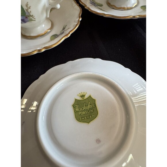 Hackefors  Swedish Porcelain Dematasse Cups and Saucers Violet Pattern set of 3 - Picture 5 of 5